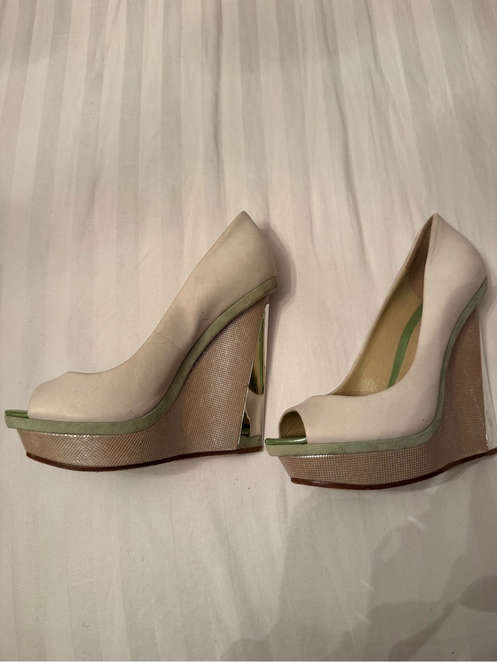 Brian Atwood Ivory Peep-Toe Wedges with Mint Trim
